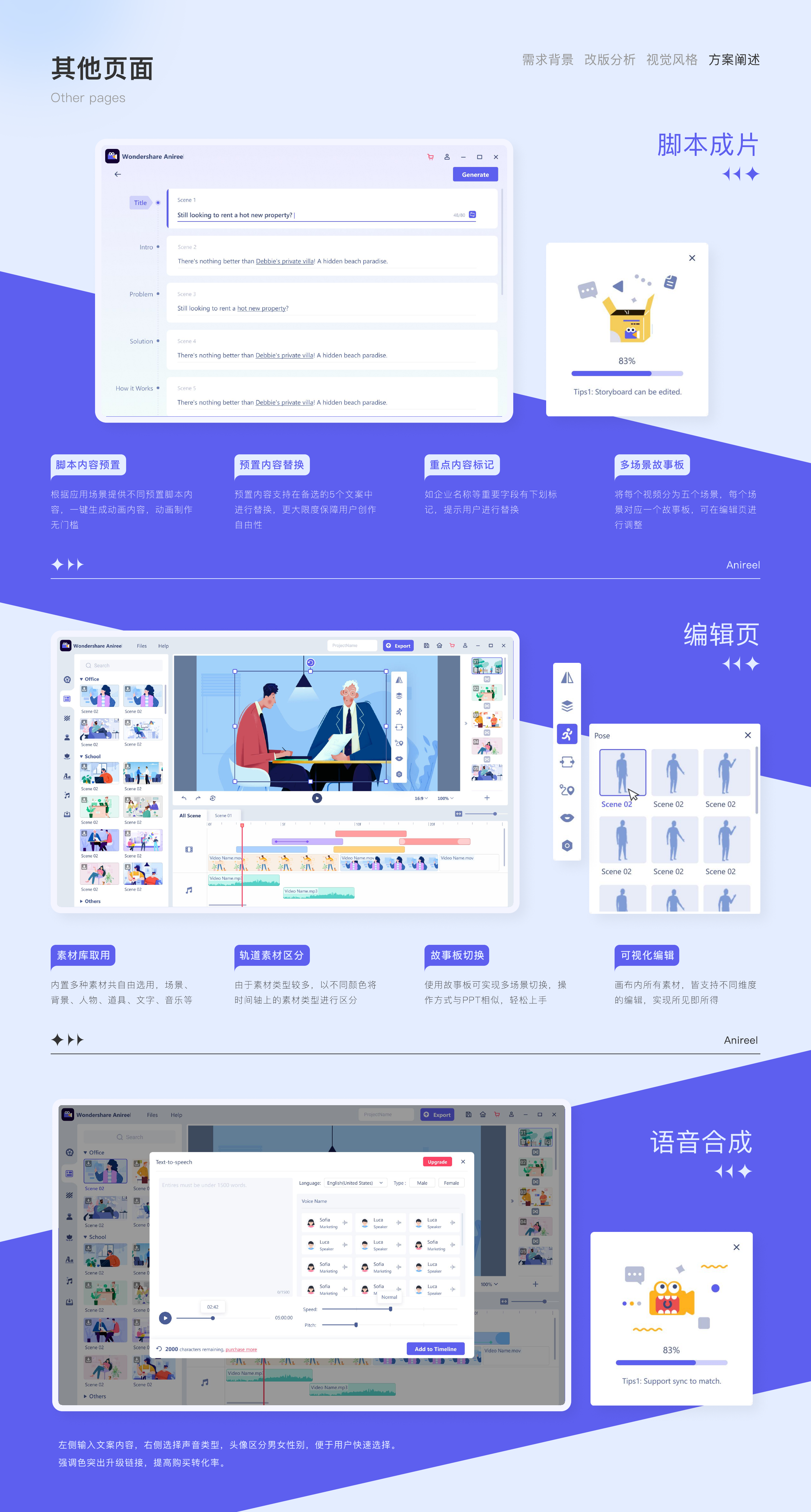 Anireel 其他页面包含脚本成片编辑页和语音合成